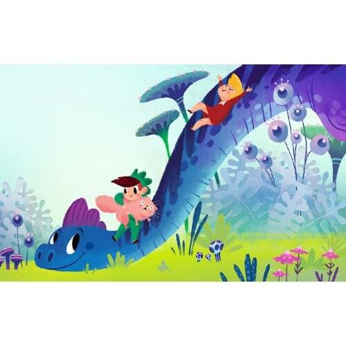 5D DIY Poured Glue Diamond Painting Kits Scalloped Edge Cute little boy and little girl in the world of dinosaurs Gift for Child