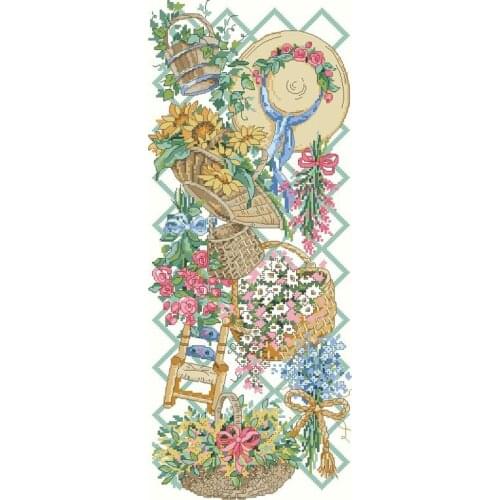 Gold Collection Lovely Counted Cross Stitch Kit Bouquets and Baskets on the fence sunflowers roses hat Dimensions 13575