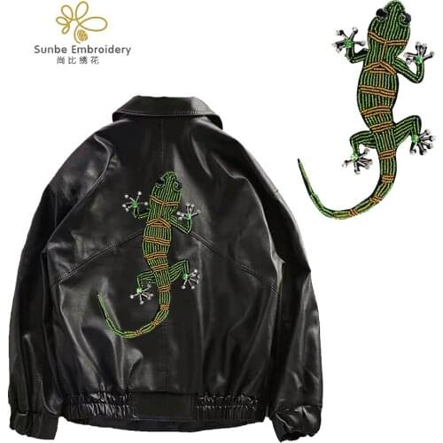 Beaded Crystal Lizard Patches Handmade Animal Badges Decorated Sew on Appliques 5 pieces