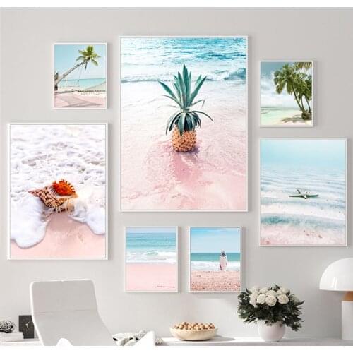 Pink Sea Beach Shell Pineapple Hammock Nordic Posters And Prints Wall Art Canvas PaintingWall Pictures For Living Room Decor