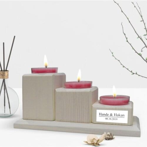 Personalized Is Decorative 3 Layer Natural Wooden Candle Holder-Vintage White