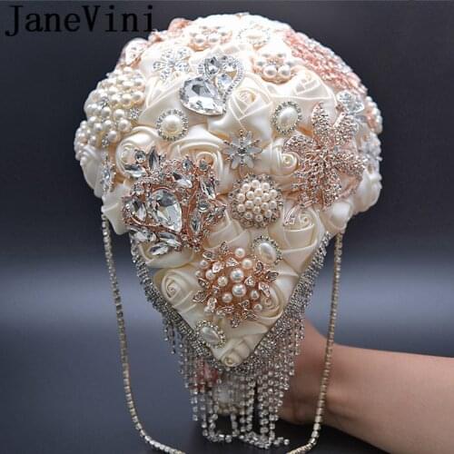JaneVini Luxurious Crystal Waterfall Wedding Bouquet Pearls Beaded Diamond Rhinestones Bridal Satin Flower Ivory Bride Bouquets
