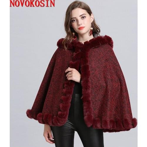 SC330 2019 Women Casual Loose Capes New Winter Warm Thick Plus Velvet Knitted Shawl Faux Fox Fur Neck Cardigan Cloak With Hat