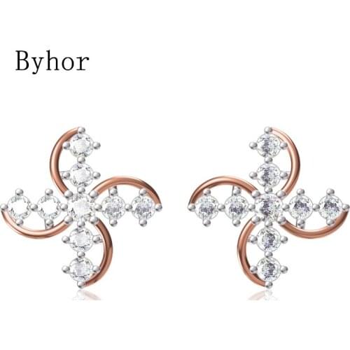 Byhor Solid 14K White/Yellow+White/Rose+White Gold 1.168ct H/SI Natural Diamond Fine Jewelry windmill Stud Earrings Women Cерьги