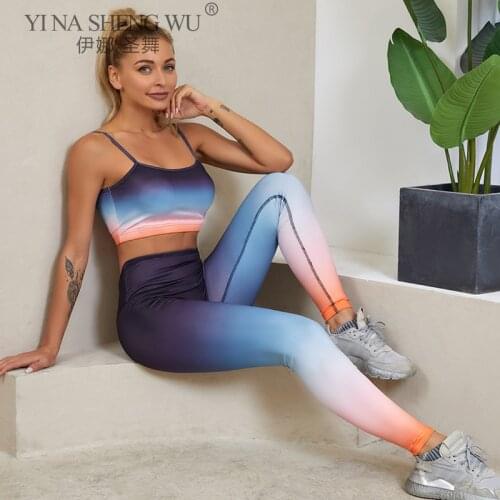 Gradient Printing Sports Suit for Fitness Women Leggings Yoga Set with Pad Gym Clothing Women Running Workout Training Bra Set