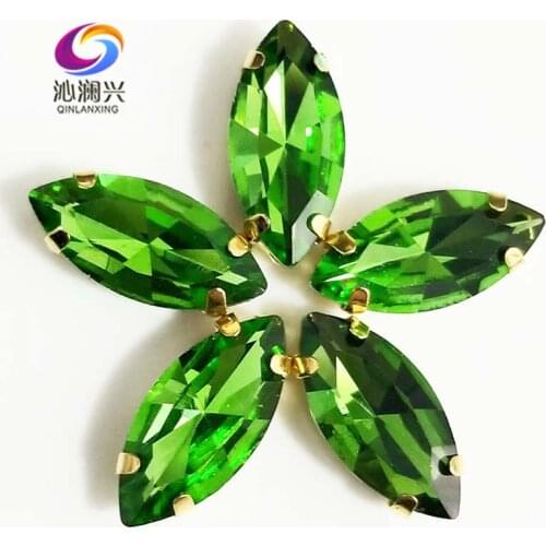 Grass green eye shape Glass Crystal sew on stones with holes,Golden bottom loose rhinestones Diy/Clothing accessories SWMG23