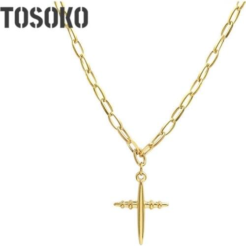 TOSOKO Stainless Steel Jewelry Cool Cross Pendant Necklace Female Personality Clavicle Chain BSP776
