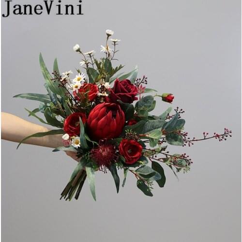 JaneVini Vintage Red Wedding Bouquets Artificial Emperor Flower Burgundy Bride Flower Bridal Bouquet Peony Rose Brooch Bukiety