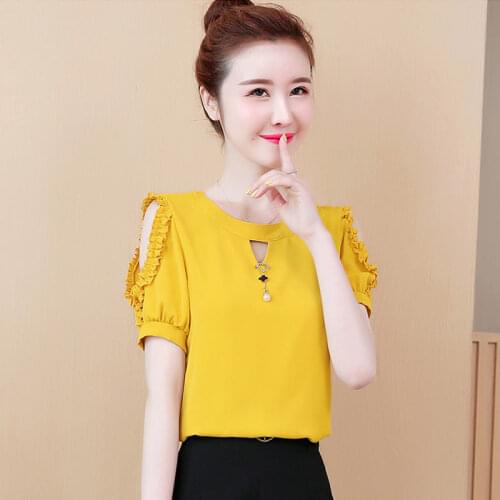 Womens Spring Summer Style Chiffon Blouse Shirt Womens Short Sleeve Solid Color Ruffles O-neck Elegant Casual Tops DD8385