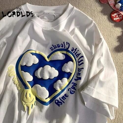 LORDLDS Women White Tshirts Summer Fashion Oversized Tops Cloud Print Cute Kawaii Aesthetic Clothes Graphic Tees Women