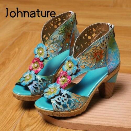 Johnature Retro Women Shoes Platform Sandals Genuine Leather Mixed Colors Zip 2021 New Handmade Flower Sewing Ladies Sandals