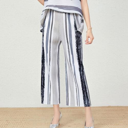 Trousers Women Plus Size 2021 Summer Colorful Stripes Print Stretch High Waist Miyake Pleated Wide Leg Pants Ankle Length