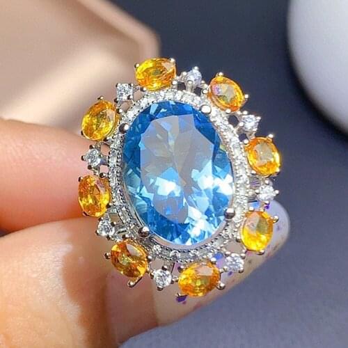 2 Colors Blue Yellow Austrian Crystal Chic Flowers Diamonds Gemstones Rings for Women 18k White Gold Filled Fine Jewelry Bijoux