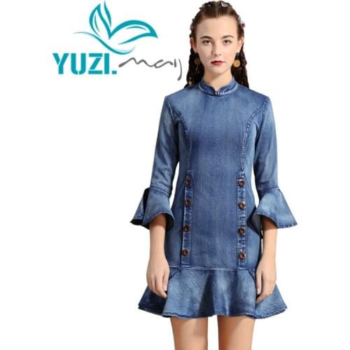 Dress Women 2019 Yuzi.may Boho New Denim Women Dress Stand Collar Flare Sleeve Ruffles Hem Vestidos A82192 Vestido