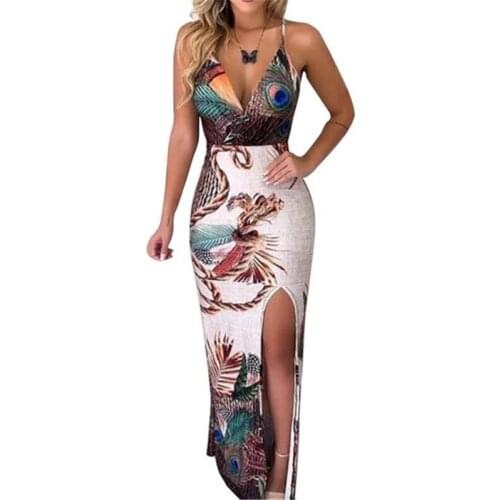 Fashion Peacock feathers Split Women Maxi Dress Stretch Sleeveless Vintage Bodycon Dresses Elegant Vestido Summer 2019 Robe