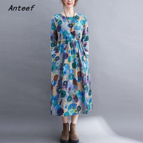Long sleeve plus size cotton linen vintage floral dresses for women casual loose spring autumn dress elegant clothing 2021