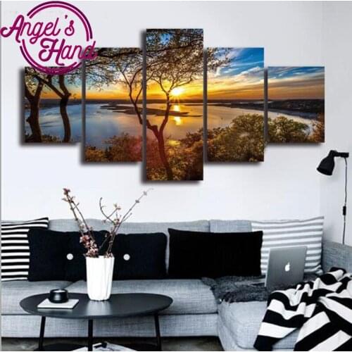 5pcs/set 5d Diamond Embroidery Sunset Lake Tree 3d Diamond Painting Cross Stitch Mosaic Pattern Square Rhinestone Decor triptych