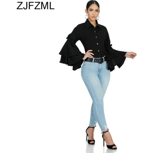 Elegant Flare Sleeve Womens Tops and Blouses Turn Down Collar Solid Slim Crop Top Autumn 2019 Plus Size Button Up Ladies Tops