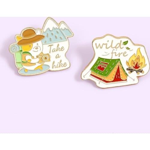 Forest Wooden House Fire Enamel Pin Picnic Brooch Bag Clothes Lapel Pin Camping Badge Cartoon Jewelry Gift For Boys Girls