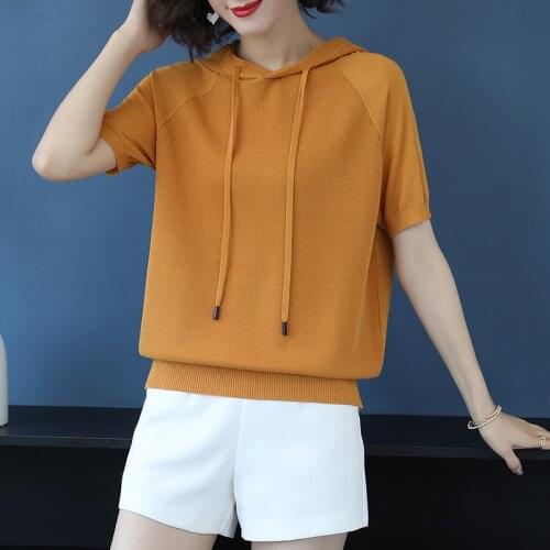 Summer Loose Hooded T-shirt Ladies Thin Ice Silk Short Sleeve Top Tees Clothes Women Pure Color Casual Fashion T-shirts H9243