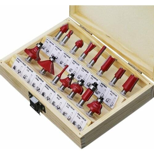 Hot 1/4 15pcs Carbide Shank Wood Router Set Woodworking Cutter Trimming Knife Forming Milling Cutter Pack In Wood Case