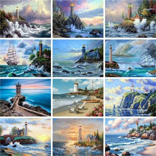 Huacan DIY Diamond Painting 5D Landscape Full Square Diamond Mosaic Sea Lighthouse Handicraft Wall Art Home Decor