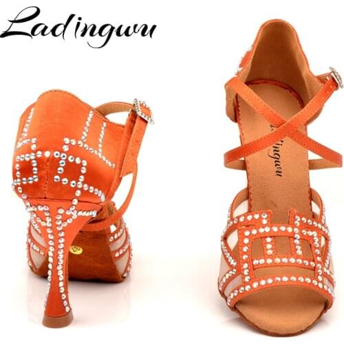 Ladingwu Latin Dance Shoes Salsa Women Shining Rhinestone Dance Shoes Red-brown Satin Ballroom Dance Shoes Soft Bottom