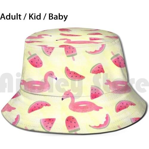 Watermelon And Flamingo Floaties Sun Hat Foldable UV Protection Pink Watermelon Flamingo Flamingo Summer Pattern