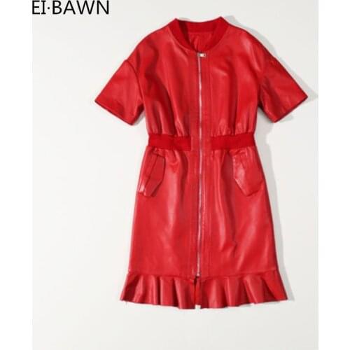 Genuine Leather Dresses 2020 Autumn Winter Female Short Sheepskin Belt Short Sleeve Zipper Jacket Streetwear Red Black Dresses
