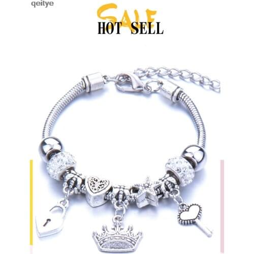 The latest fashion trend in 2021 zinc alloy beaded crown, large diameter rhinestone lobster clasp pendant bracelet Pandora-style