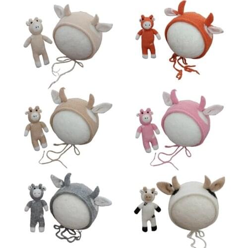 2 Pcs Baby Knitting Cow Hat Animal Doll Set Handmade Crochet Mohair Beanies