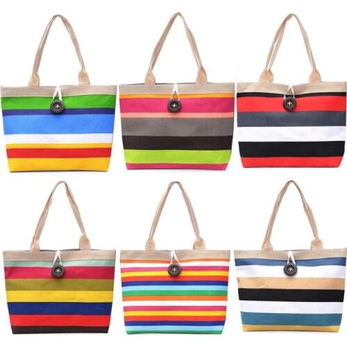 1 Pcs Colored Stripes Shopping Handbag Women Girls Canvas Large Striped Summer Shoulder Tote Beach Bag High Quality
