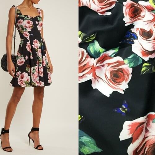 D Brand Rose Printing Fabric 100% Polyester Sewing Fabric High-end Clothing Custom Materials for Dress by yard