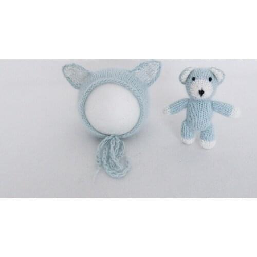 Hand Knit Newborn Bonnet Stuffer Animal Toy Set Photography Props Baby Girl Fluffy Hat Stretch Wrap For Photo Shoot