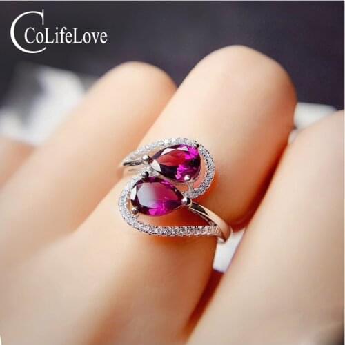 CoLife Jewelry Silver Two Gemstones Ring 5mm*7mm Natural Garnet Ring Fashion 925 Silver Ring Garnet Silver Jewelry