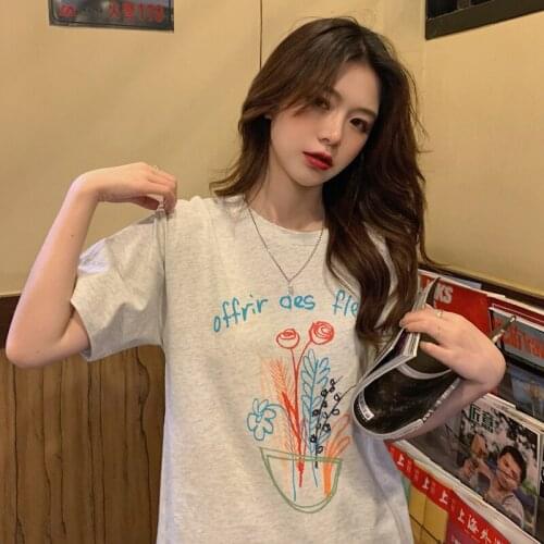 Printed round neck short-sleeved loose T-shirt top 2021 new wide round neck womens compassionate all-match