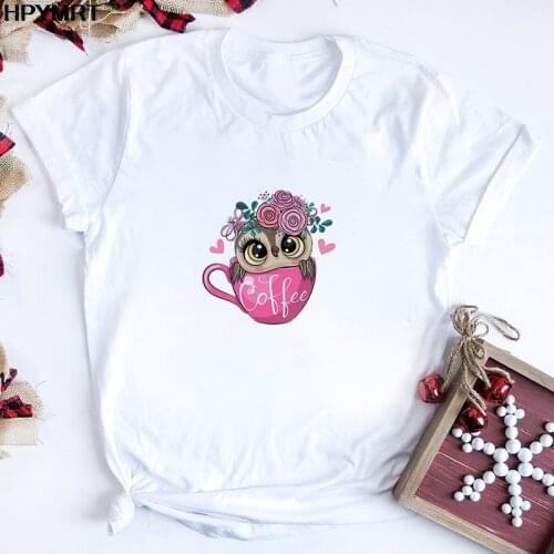 Women Fashion Cute Owl Coffee Graphic Printed Girl T-shirt Ladies Tshirts Simple Casual Harajuku Female T shirt Clothes Tops Tee