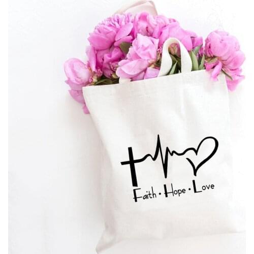 Bolsas De Tela Faith Hope Love Tote Bag Christian Quote Ladies Handbags Shopping Travel Women Eco Reusable Shoulder Shopper Bag