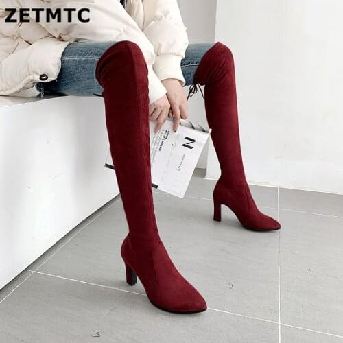 Square Toe Thigh High Boots Women Winter Boots Mid Heel Slouchy Over the Knee Boots Black Wine Nude Overknee Boots 2019