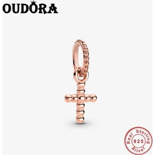 Rose Gold Cross Beaded Charm Fit Original Pandora Bracelet Charm 925 Sterling Silver Zircon Beads Women Jewelry Berloque Making