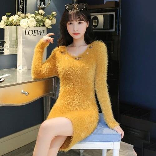 Flowers Embroidered Women Autumn Winter Faux Mink Cashmere Sweater Dress V-Neck Long Sleeve Knitted Sweaters Slim Vestidos