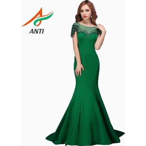 ANTI abendkleider Illussion Long Evening Dress 2019 With Short Sleeve Formal Party Gowns Scoop Neck Satin robe de soiree abiye