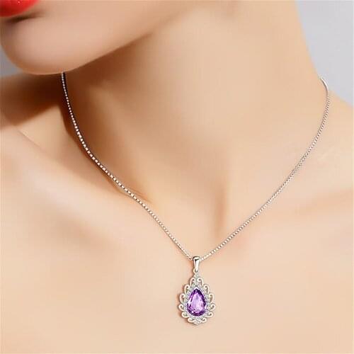 Vintage carving purple crystal amethyst gemstones diamonds pendant necklaces for women white gold silver color choker jewelry