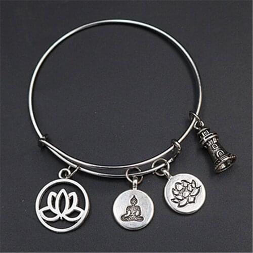 1pcs Lotus Buddha Main Stupa Pendants Religious Handmade Charm DIY Metal Activity Adjustable Bangles A1571