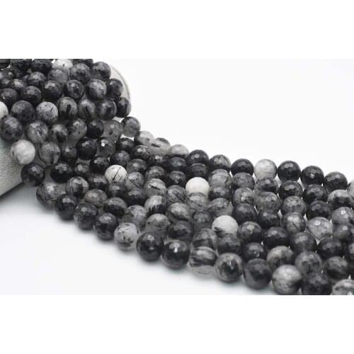 10mm AA Natural Faceted round Black Hair Rutilated Quartz Stone Beads For DIY necklace bracelet jewelry make 15 "free delivery