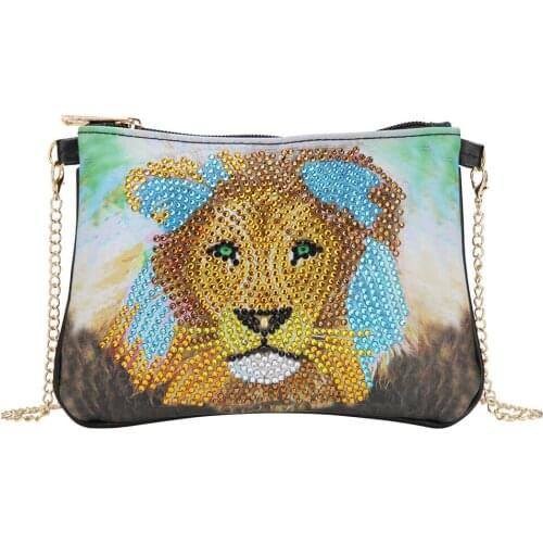 5D Diy Shaped Diamond Painting Lion Animal Leather Crossbody Chain Bags Embroidery Zipper Bag Cosmetic Storage Bag Wallet Pouch