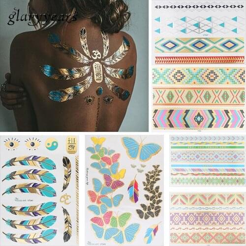 6 Sheets Feather Butterfly Design Temporary Metallic Tattoo Sticker Adult Back Clavicle Body Art Jewelry Bracelet Tattoo Sticker