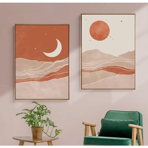 Abstract Minimalist Line Wall Art Sun And Moon Scene Boho Canvas Prints Painting Pictures For Living Room Wall Decor