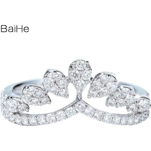 BAIHE Solid 14K White Gold 0.52ct H/SI Round cut Natural Diamonds Fine jewelry Wedding Crown V-shaped diamond ring for women