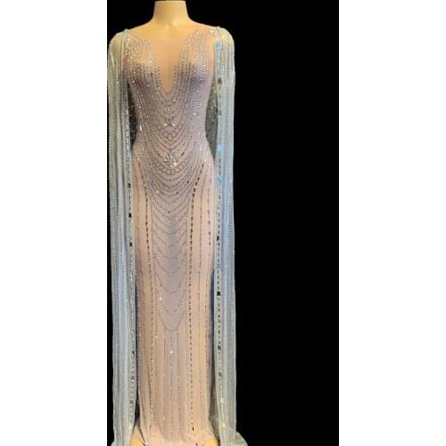 Sparkly Crystals Cloak Dress Outfit Luxurious Rhinestones Mesh Perspective Long Dress Women Evening Birthday Celebrate Dresses